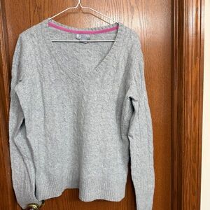 JCPenney Light Gray V-Neck Cable Merino Blend Knit Sweater